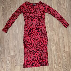 Red Leopard Print Midi Dress